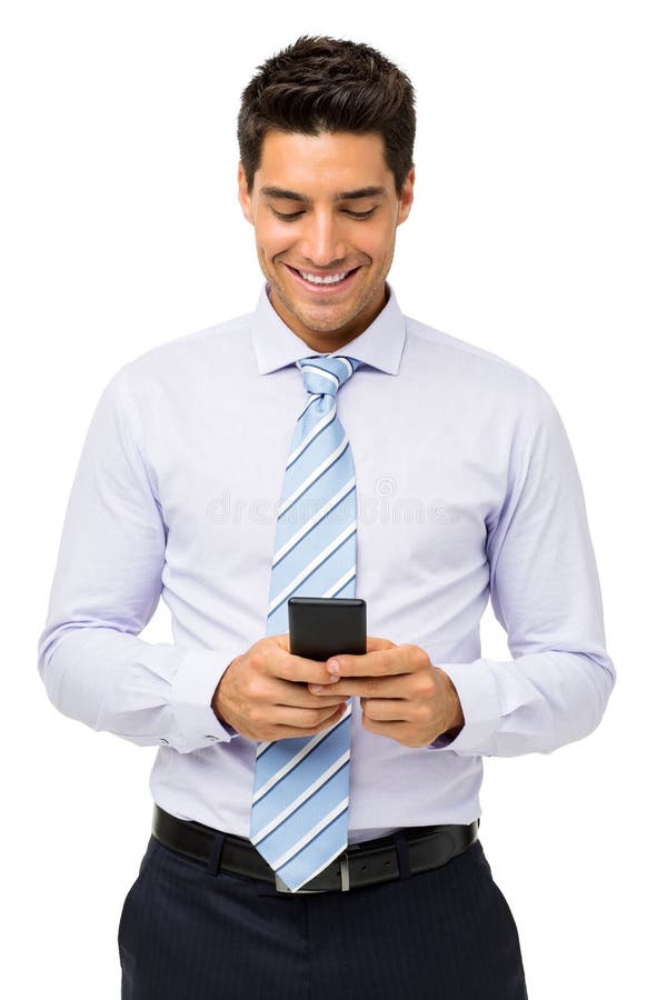 Uśmiechnięty biznesmena wysylanie sms Na Mądrze telefonie zdjęcie stock Uśmiechnięty biznesmena wysylanie sms Na Mądrze telefonie zdjęcie stock