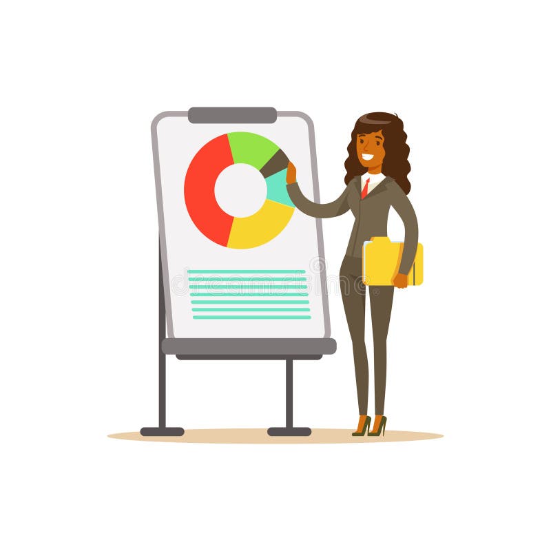 Uśmiechnięty bizneswoman wskazuje przy whiteboard z mapą przy prezentacją w kostiumu, wektorowa ilustracja ilustracja wektor Uśmiechnięty bizneswoman wskazuje przy whiteboard z mapą przy prezentacją w kostiumu, wektorowa ilustracja ilustracja wektor