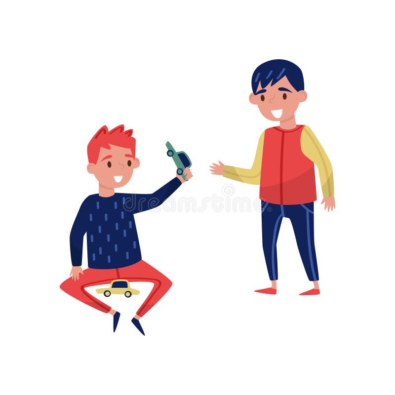 Uśmiechnięty chłopiec udzielenia zabawki samochód z innym dzieckiem Dzieciak z dobre manier Płaska wektorowa ilustracja ilustracja wektor Uśmiechnięty chłopiec udzielenia zabawki samochód z innym dzieckiem Dzieciak z dobre manier Płaska wektorowa ilustracja ilustracja wektor