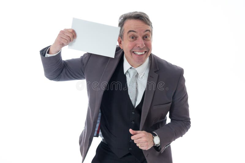 Uśmiechnięty mężczyzna przedstawia papier wkładać reklamy zawartość exec fotografia stock