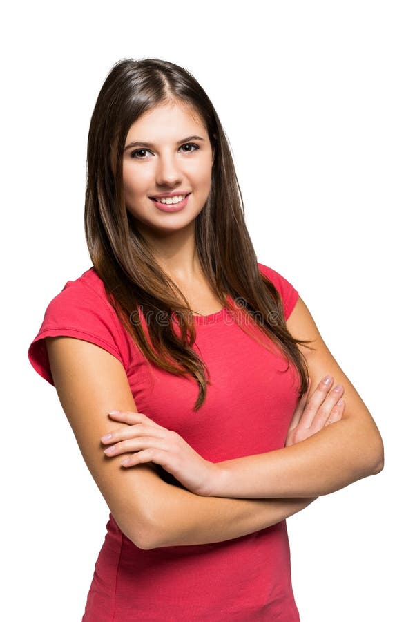 Uśmiechnięty młoda kobieta portret odizolowywający na bielu fotografia stock Uśmiechnięty młoda kobieta portret odizolowywający na bielu fotografia stock