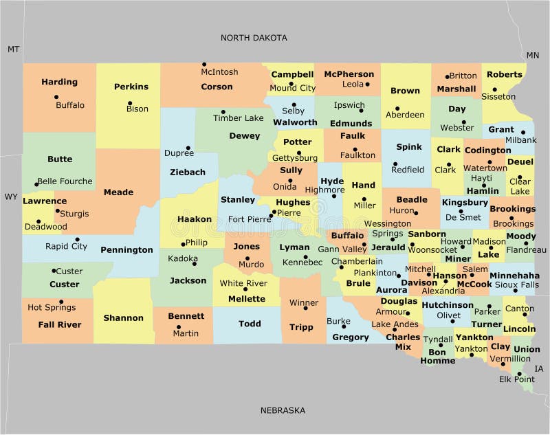 US South Dakota State Map with 66 counties, and county seats. Each county is an individual object. US South Dakota State Map with 66 counties, and county seats. Each county is an individual object.