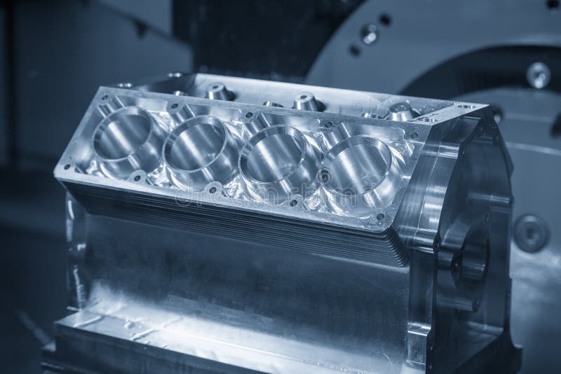 The V8 Engine Aluminum Cylinder Block in the Light Blue Scene Stock