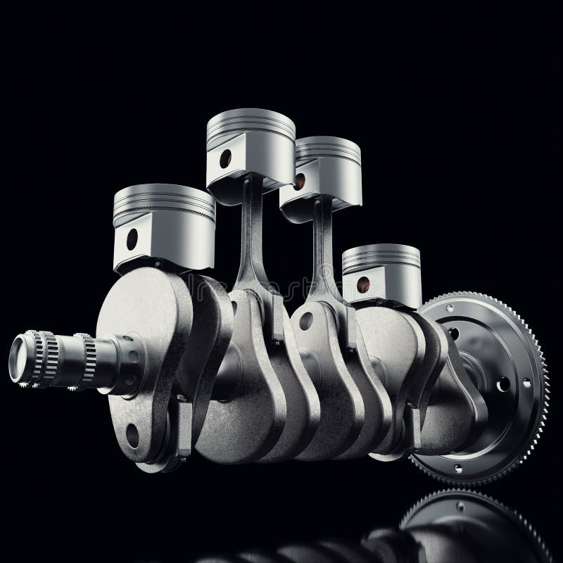 V4 Engine Pistons and Cog on Black Background. Pistons and Crankshaft. Four Cylinder Engine. V4