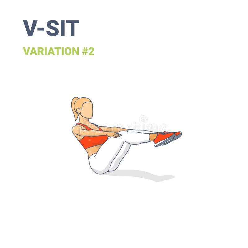 V-Sit Female Home Workout Exercise Guide Illustration Colorful Concept or Navasana Boat Yoga Pose