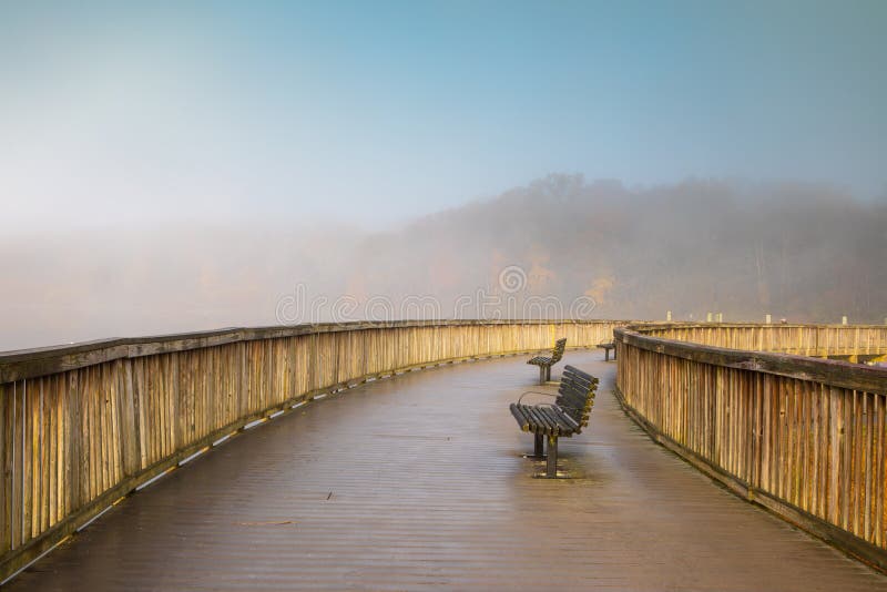 VA Empty Boardwalk Lake Fairfax Park Foggy Morning