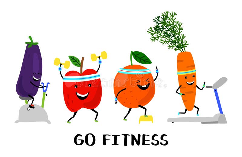 Va il concetto di vettore di forma fisica Frutta e verdure felici di sport Illustrazione sana di stile di vita illustrazione vettoriale Va il concetto di vettore di forma fisica Frutta e verdure felici di sport Illustrazione sana di stile di vita illustrazione vettoriale