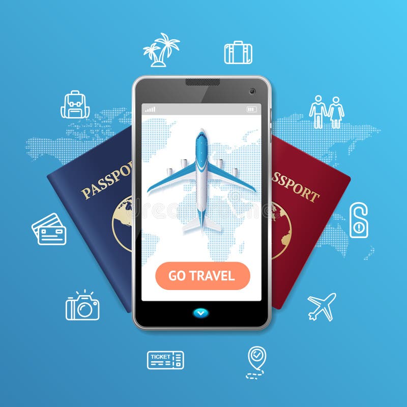 Va il concetto mobile di prenotazione del biglietto di viaggio Vettore illustrazione di stock Va il concetto mobile di prenotazione del biglietto di viaggio Vettore illustrazione di stock