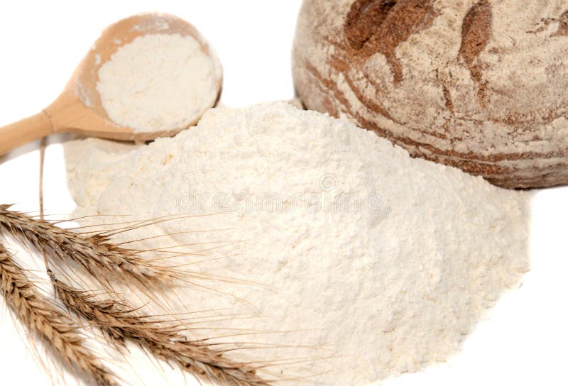Va, vita, vetefärgämnen. Mjöl är den huvudsakliga ingrediensen vid bakning arkivfoton