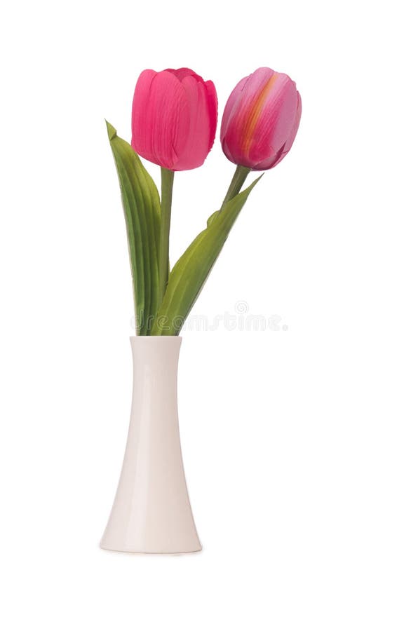 Vaas met kleurrijke tulpen op wit stock afbeelding Vaas met kleurrijke tulpen op wit stock afbeelding