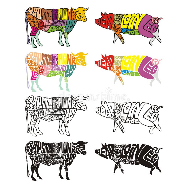 Vaca e porco coloridos isolados ilustração do vetor