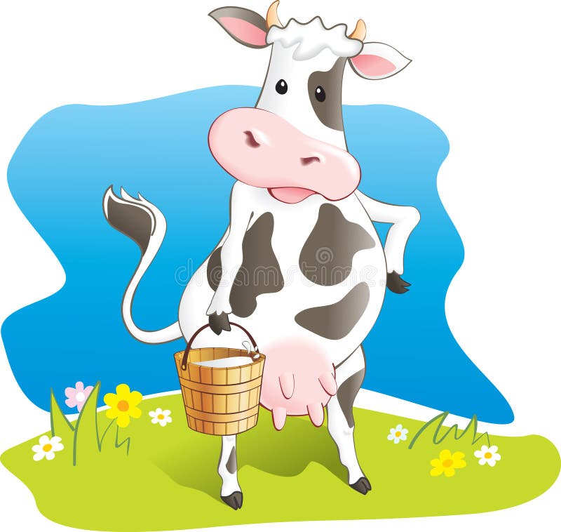 A vaca engraçada carreg o balde de madeira com leite