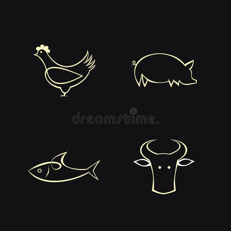 A set of stylized icons - cow, fish, chicken and pig. Icons that represents poultry, beef, pork and seafood products or it&#x27;s value in the product. White image &#x28;outline&#x29; on black background. A set of stylized icons - cow, fish, chicken and pig. Icons that represents poultry, beef, pork and seafood products or it&#x27;s value in the product. White image &#x28;outline&#x29; on black background.