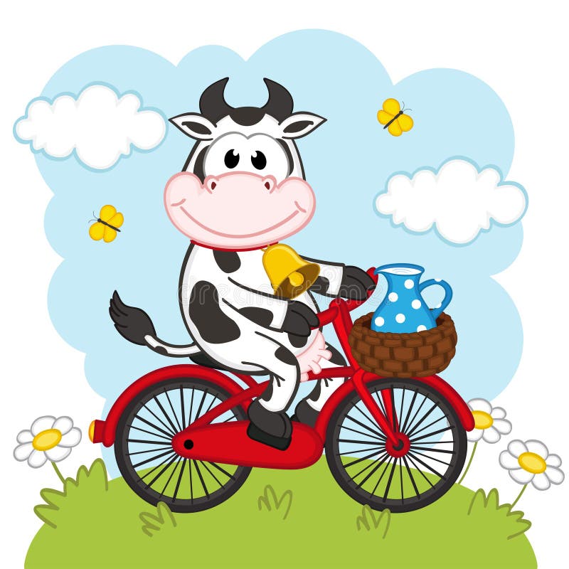 Vaca que monta uma bicicleta com leite ilustração royalty free Vaca que monta uma bicicleta com leite ilustração royalty free