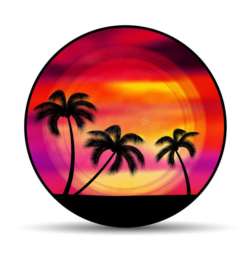 Vector emblem, badge summer vacation with sunset and palm trees. Vector emblem, badge summer vacation with sunset and palm trees