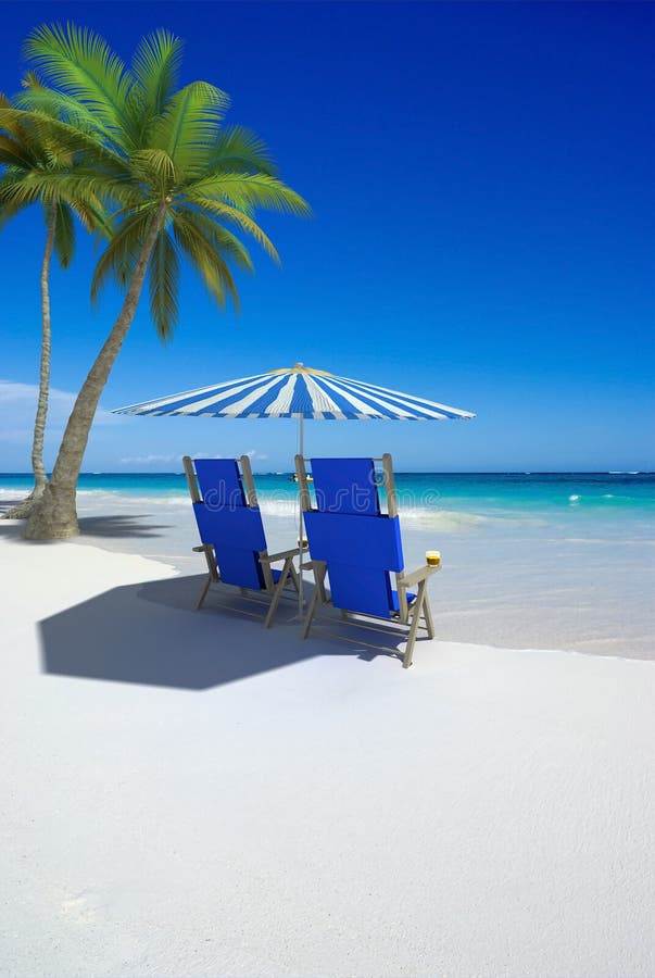 Tropical beach with sunshade and a pair of reclining chairs. Tropical beach with sunshade and a pair of reclining chairs