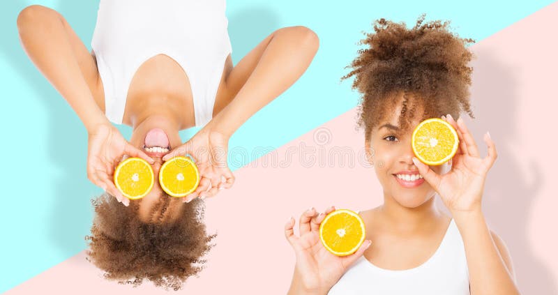 Vacances d'heure d'été Les belles jeunes femmes d'afro-américain avec le collage orange de nourriture de fruit ont isolé Fille d' photographie stock Vacances d'heure d'été Les belles jeunes femmes d'afro-américain avec le collage orange de nourriture de fruit ont isolé Fille d' photographie stock