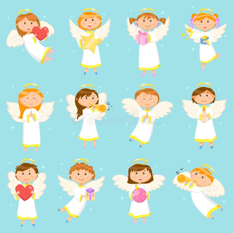 Angel children, angelic boys and girls, winter holiday symbols vector. Kids with presents decorated with bows ribbons, hearts and love. Trumpet music. Angel children, angelic boys and girls, winter holiday symbols vector. Kids with presents decorated with bows ribbons, hearts and love. Trumpet music