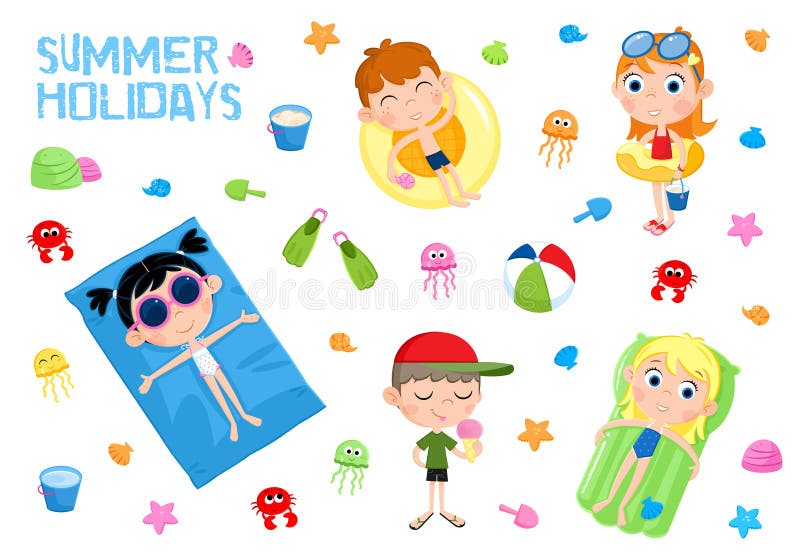 Vacances d'été - illustration adorable - enfants et plage illustration stock Vacances d'été - illustration adorable - enfants et plage illustration stock