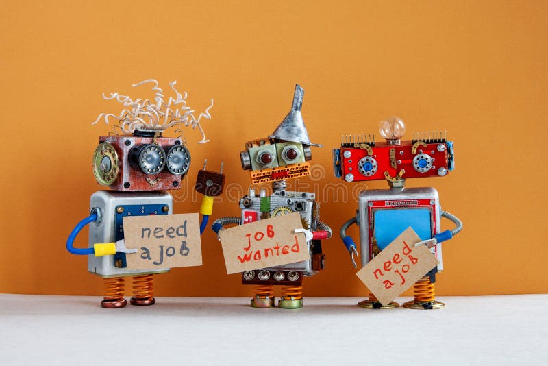 Vacancy search concept. Three robots wants to get a job. Unemployed robotic characters with a cardboard sign and stock images Vacancy search concept. Three robots wants to get a job. Unemployed robotic characters with a cardboard sign and stock images