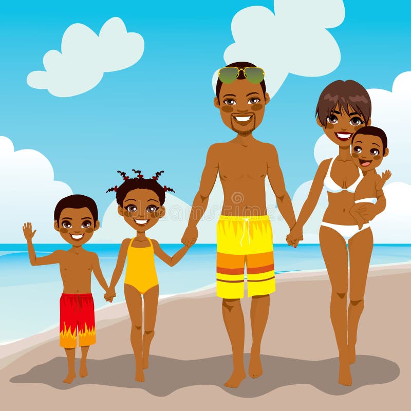 Happy African American family enjoying beach vacation walking on shore sand. Happy African American family enjoying beach vacation walking on shore sand