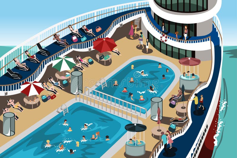 A vector illustration of people having a good time on their cruise vacation. A vector illustration of people having a good time on their cruise vacation