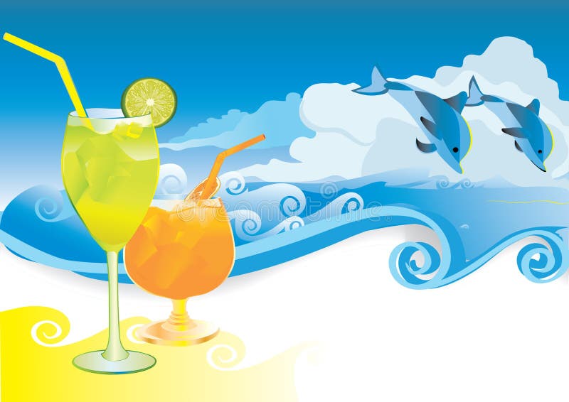 Summer vacation drink of lemonade,orange juice with waves and dolphins and clouds. Summer vacation drink of lemonade,orange juice with waves and dolphins and clouds.