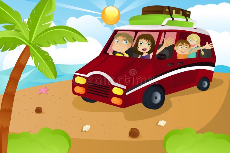 A illustration of a family riding a van leaving for summer vacation. A illustration of a family riding a van leaving for summer vacation