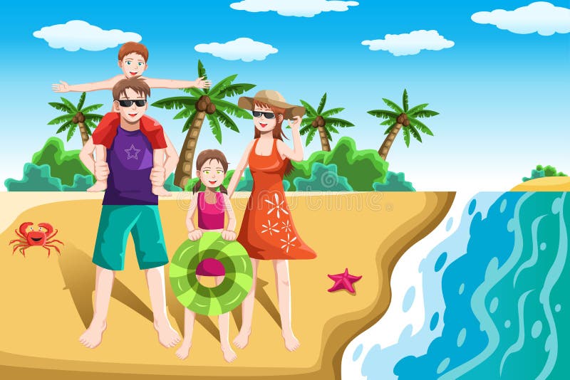 A vector illustration of a happy family going to the beach for vacation. A vector illustration of a happy family going to the beach for vacation