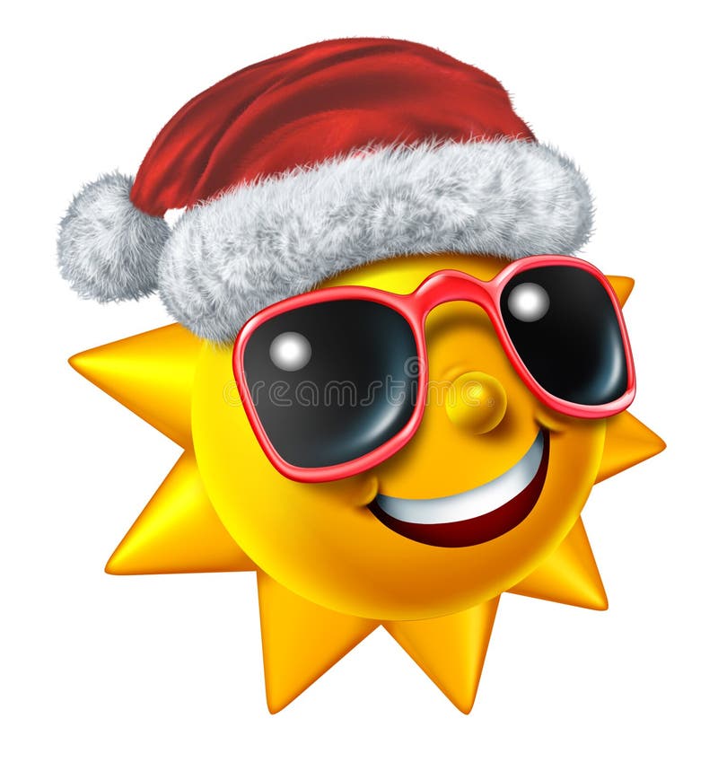 Christmas vacation symbol with a smiling hot sun character with sunglasses wearing a Santa Clause hat as a concept for winter travel during the holiday season and relaxation with sunny tropical weather isolated on white. Christmas vacation symbol with a smiling hot sun character with sunglasses wearing a Santa Clause hat as a concept for winter travel during the holiday season and relaxation with sunny tropical weather isolated on white.