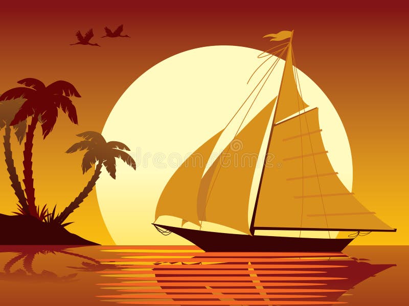 Sailing tropical vacation: ship, sunset, island and palms. Sailing tropical vacation: ship, sunset, island and palms