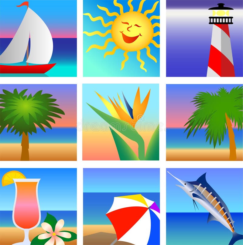 Brightly colored illustrations of tropical beach vacation elements. Brightly colored illustrations of tropical beach vacation elements