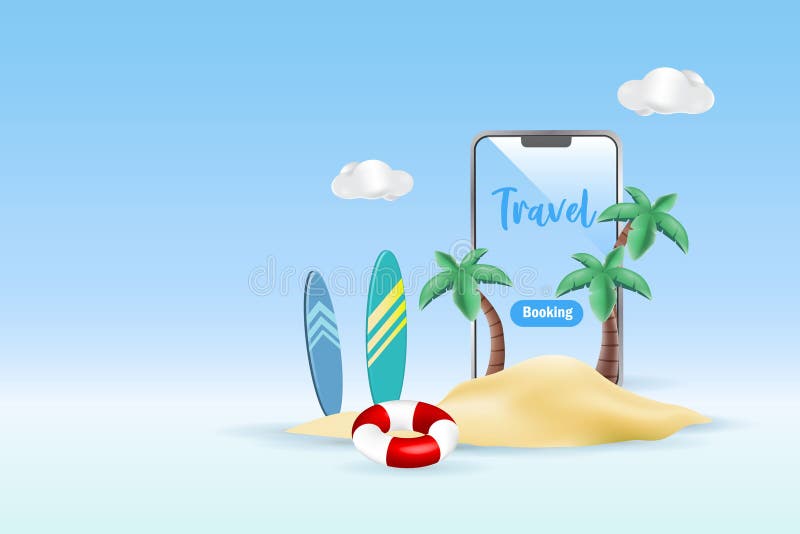 Vacanze estive sull'isola di spiaggia tropicale con palme da surf e anello di nuoto su smartphone 3d illustrazione vettoriale