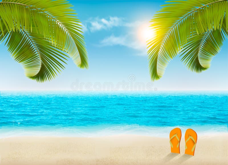 Vacation background. Beach with palm trees and blue sea.