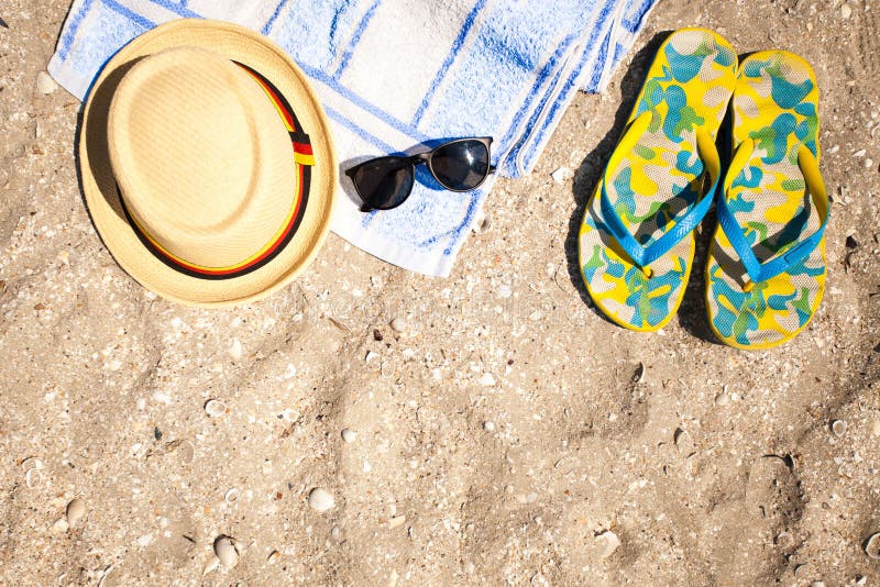 Beach, Palm Tree Leaves, Sand, Sunglasses and Flip Flops Stock Image ...