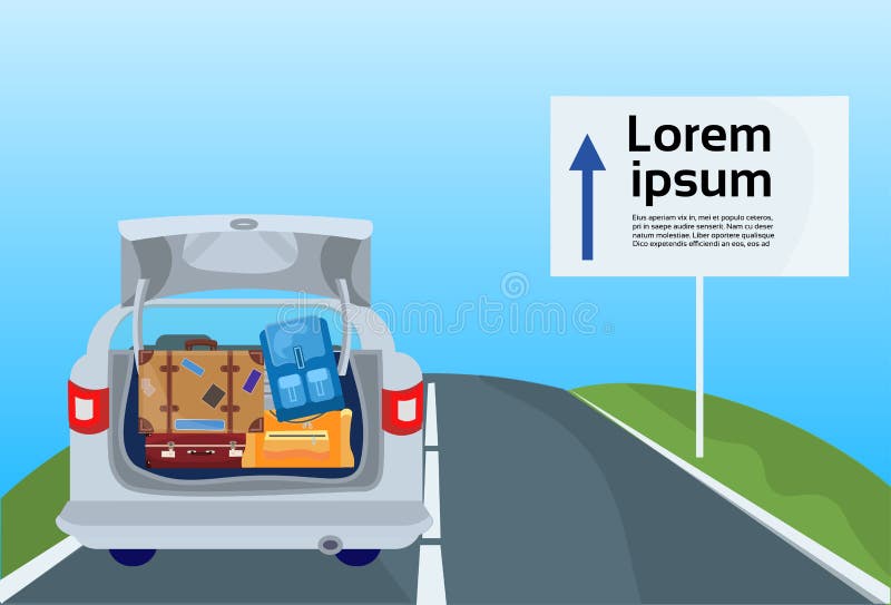 Vacation Drive Trip By Car, Family Travel Vehicle On Road Route With Luggage Suitcases stock illustration Vacation Drive Trip By Car, Family Travel Vehicle On Road Route With Luggage Suitcases stock illustration