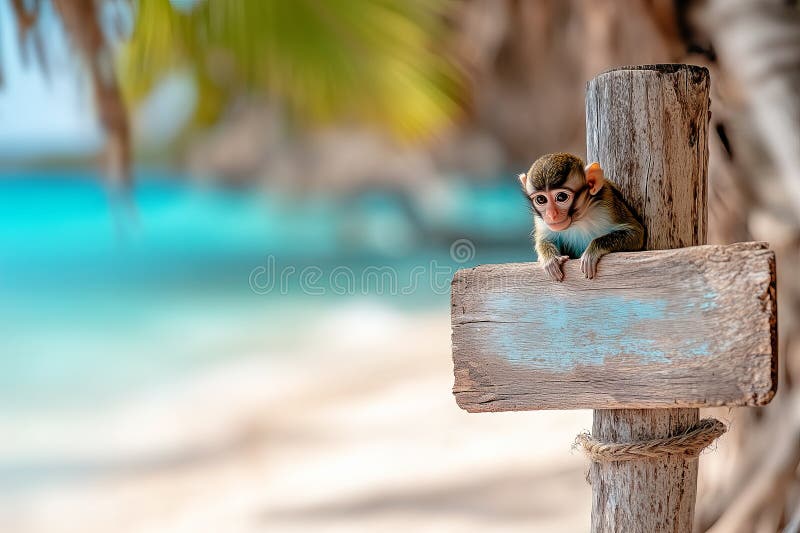 Vacation exotic destination, little monkey perched on a rustic wooden sign on tropical beach with turquoise sea and palm trees stock illustration