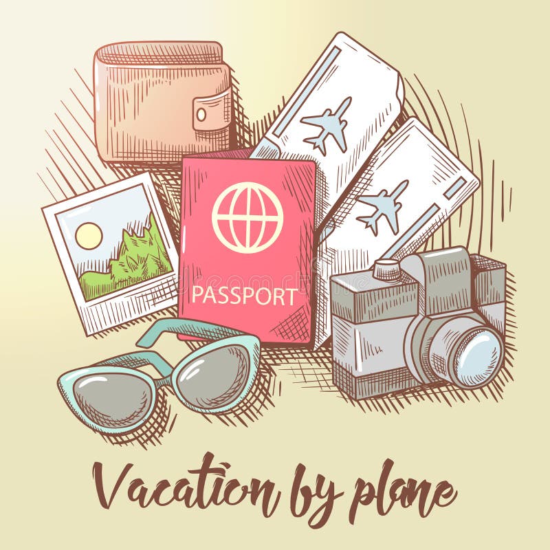 Vacation by Plane. Travel Around the World. Tourism by Airplane. Hand Drawn illustration royalty free illustration Vacation by Plane. Travel Around the World. Tourism by Airplane. Hand Drawn illustration royalty free illustration