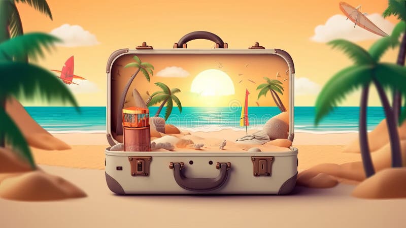 Vacation travel time banner, open travel suitcase with exotic destination inside with copy space area, Generative AI royalty free illustration