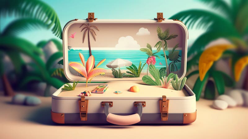 Vacation travel time banner, open travel suitcase with exotic destination inside with copy space area, Generative AI royalty free illustration