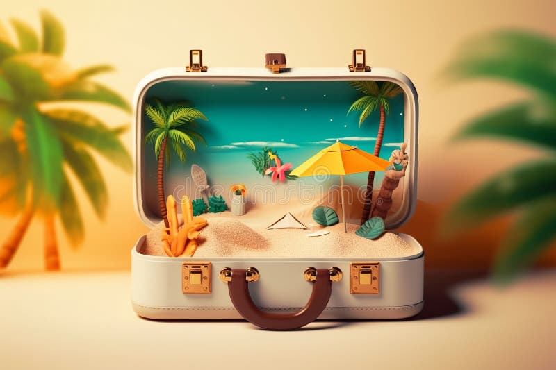 Vacation travel time banner, open travel suitcase with exotic destination inside with copy space area,Generative AI vector illustration