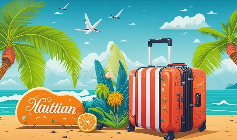 Vacation travel time banner, travel suitcase with exotic destination summer banner stock illustration