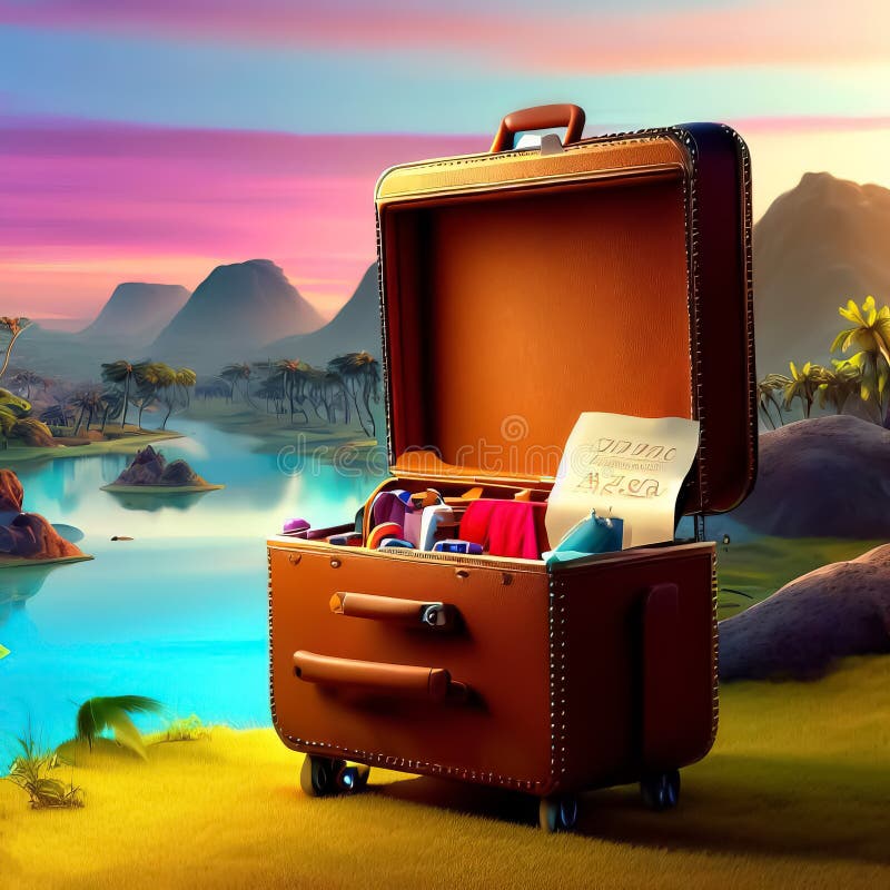Vacation Travel Time, Open Travel Suitcase with Exotic Destination