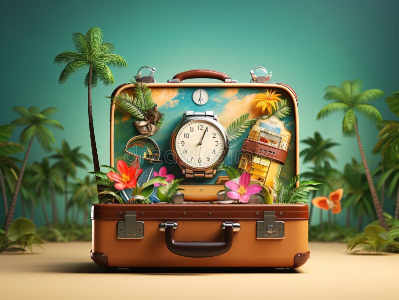 Vacation travel time. An open travel suitcase with a miniature exotic destination inside. vector illustration