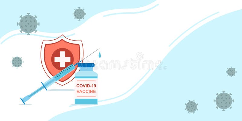 Vaccination against COVID vector banner. Syringe with vaccin bottle in front of the shield. Covid-19 protection injection. Medical