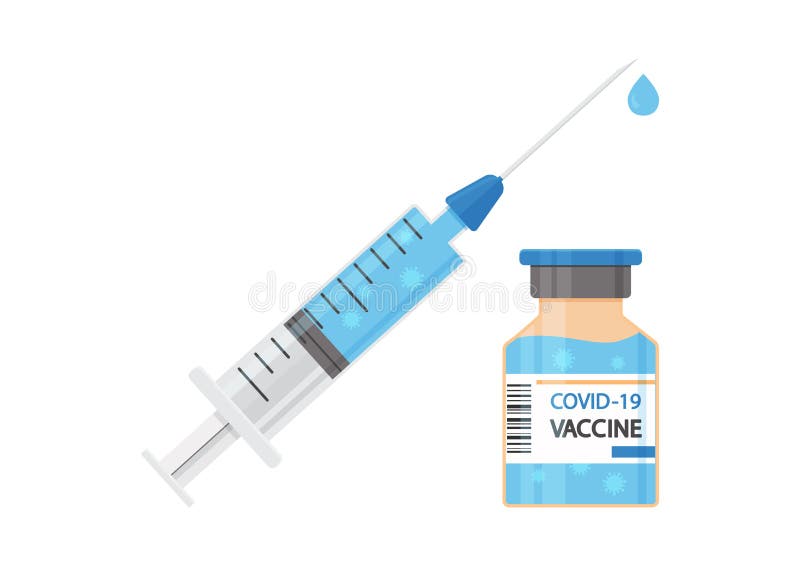 Vaccine COVID-19 vector icon. Syringe and blue vaccine vial, bottle of medicine. Coronavirus concept. Health illustration