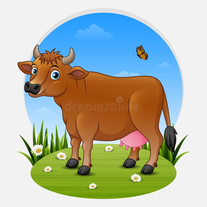 Vache brune à bande dessinée sur le pré vert illustration stock Vache brune à bande dessinée sur le pré vert illustration stock