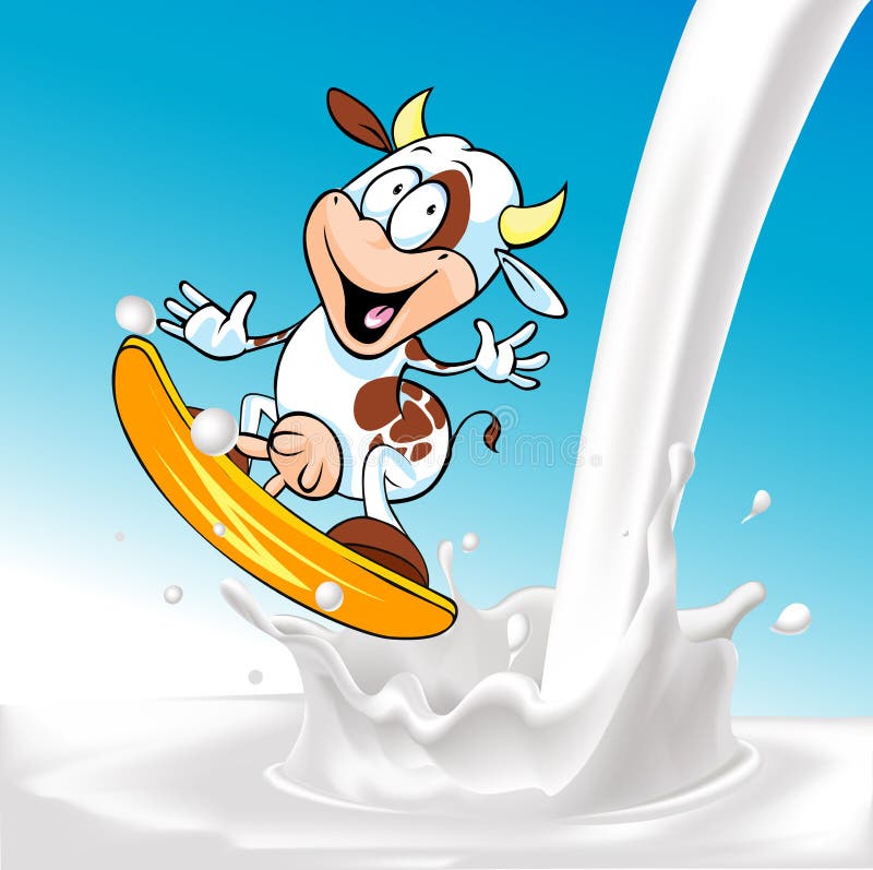 Vache drôle surfant sur l'éclaboussure de lait illustration libre de droits Vache drôle surfant sur l'éclaboussure de lait illustration libre de droits