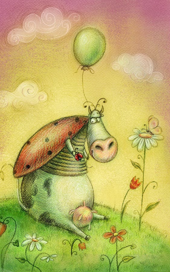 Vache mignonne avec le ballon Illustration d'enfants Fond puéril de bande dessinée dans des couleurs de vintage illustration stock Vache mignonne avec le ballon Illustration d'enfants Fond puéril de bande dessinée dans des couleurs de vintage illustration stock