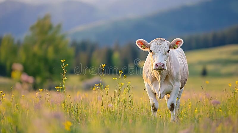 Vaci albe, generative, adorabile, pășunate într-un câmp verde luxos, înconjurat de flori sălbatice sub o afacere însorită stock illustration